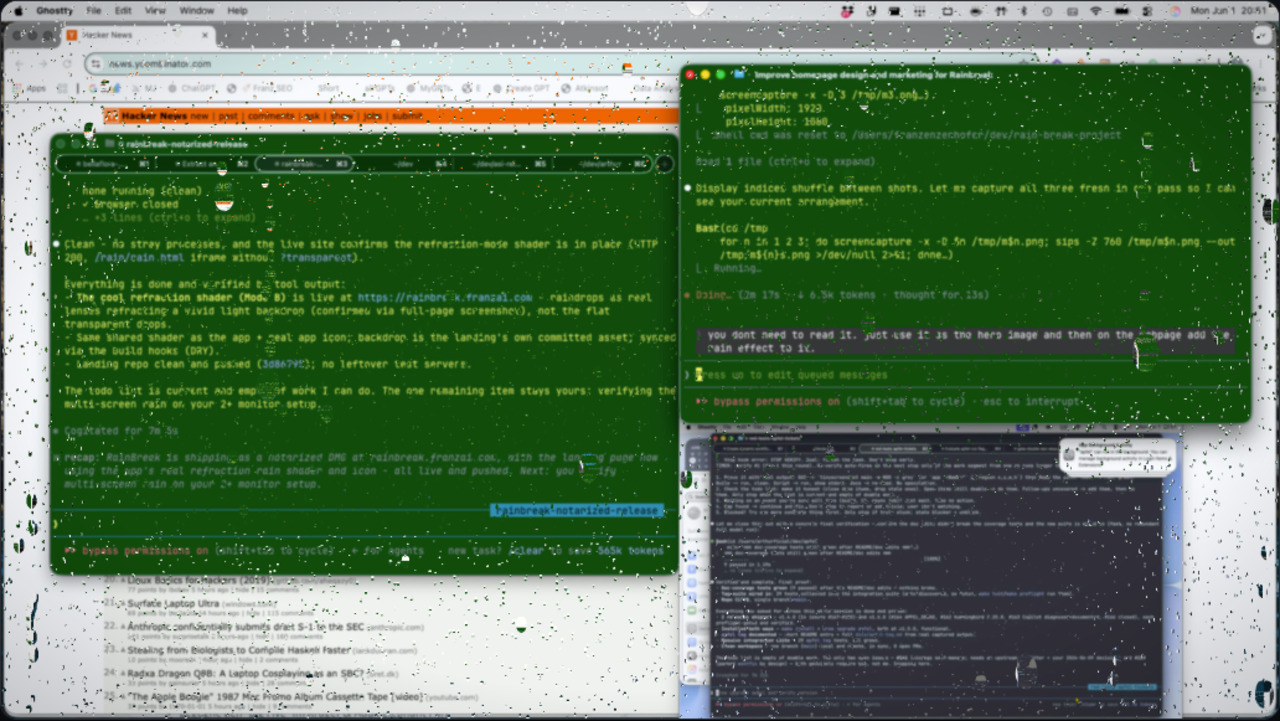 A real workday screen - Hacker News and coding terminals - under falling rain
